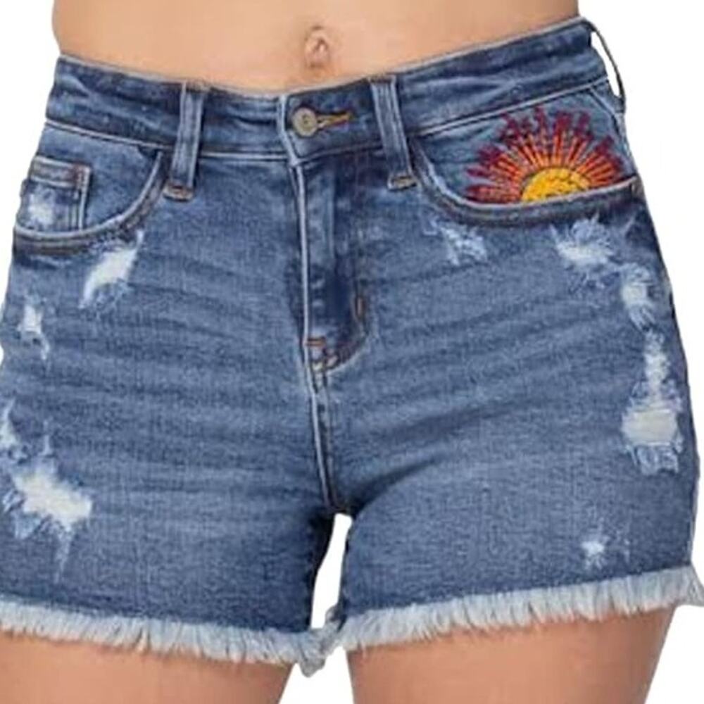 Judy Blue Medium Wash Distressed Jean Shorts with Sun Embroidery - Picture 13 of 13